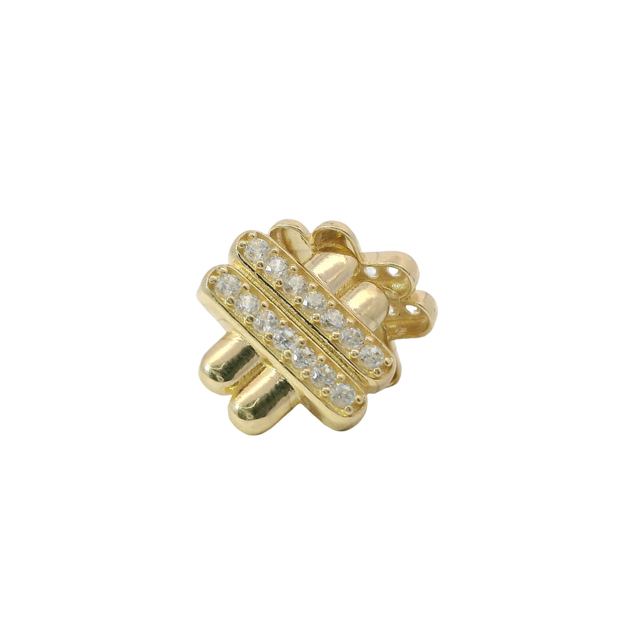14KT Gold Earrings Medium White CZ Stones Puff Hashtag with Push Back Post and Butterfly Backs