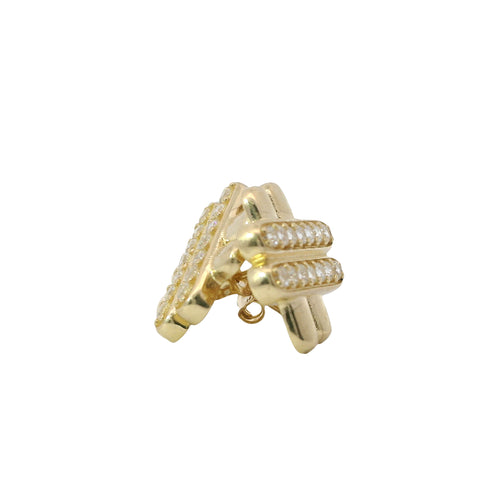 14KT Gold Earrings Medium White CZ Stones Puff Hashtag with Push Back Post and Butterfly Backs