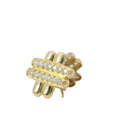 14KT Gold Earrings Medium White CZ Stones Puff Hashtag with Push Back Post and Butterfly Backs