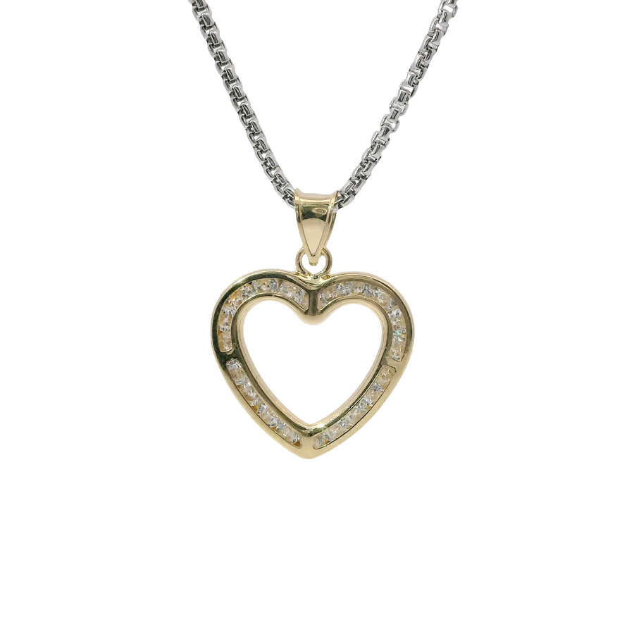 14KT Gold Charm Medium White CZ Stones Open Heart Outline with Plain Bell