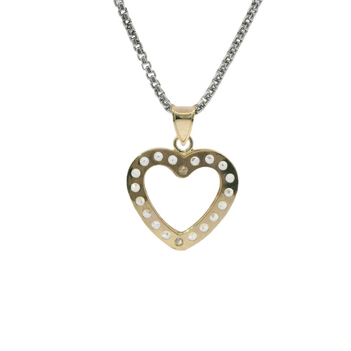 14KT Gold Charm Medium White CZ Stones Open Heart Outline with Plain Bell