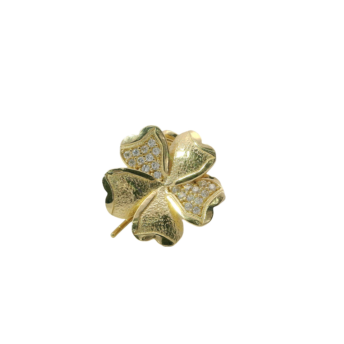 14KT Gold Earrings Medium Five White CZ Stones Petal Flower with Plain Border, Push Back Post, and Butterfly Backs