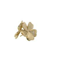 14KT Gold Earrings Medium Five White CZ Stones Petal Flower with Plain Border, Push Back Post, and Butterfly Backs