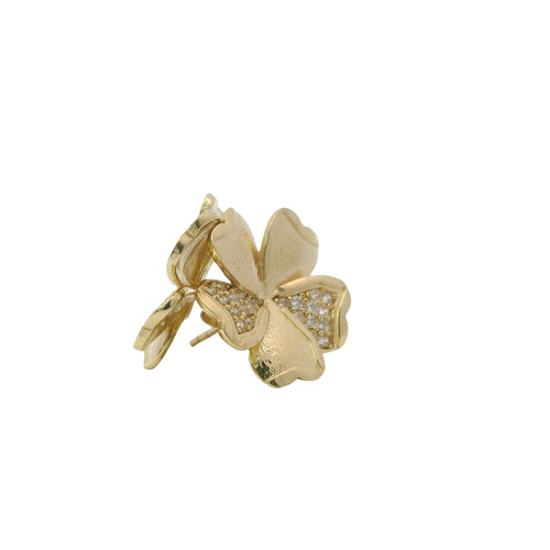 14KT Gold Earrings Medium Five White CZ Stones Petal Flower with Plain Border, Push Back Post, and Butterfly Backs