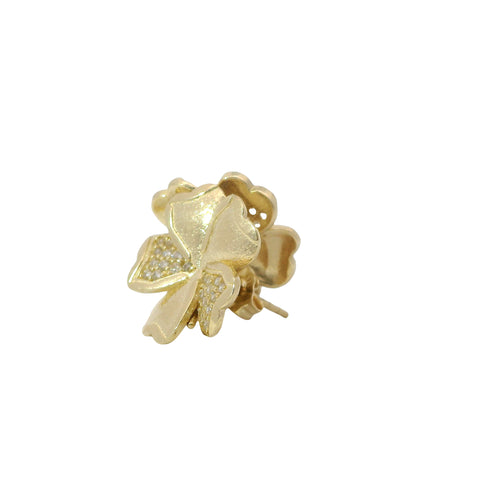 14KT Gold Earrings Medium Five White CZ Stones Petal Flower with Plain Border, Push Back Post, and Butterfly Backs