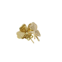 14KT Gold Earrings Medium Five White CZ Stones Petal Flower with Plain Border, Push Back Post, and Butterfly Backs