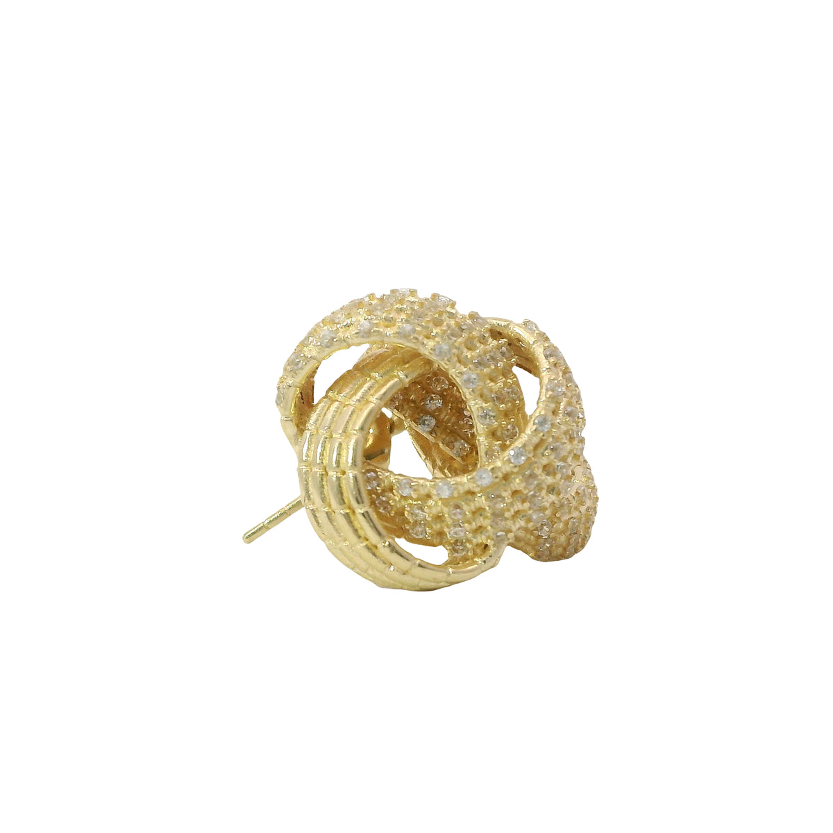 14KT Gold Earrings Medium White CZ Stones Braided Notched Cords Knot with Push Back Post and Butterfly Backs