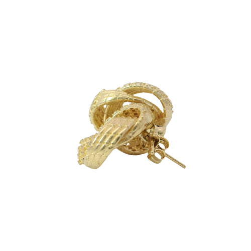 14KT Gold Earrings Medium White CZ Stones Braided Notched Cords Knot with Push Back Post and Butterfly Backs