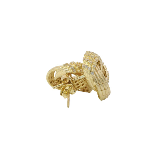 14KT Gold Earrings Medium White CZ Stones Braided Notched Cords Knot with Push Back Post and Butterfly Backs