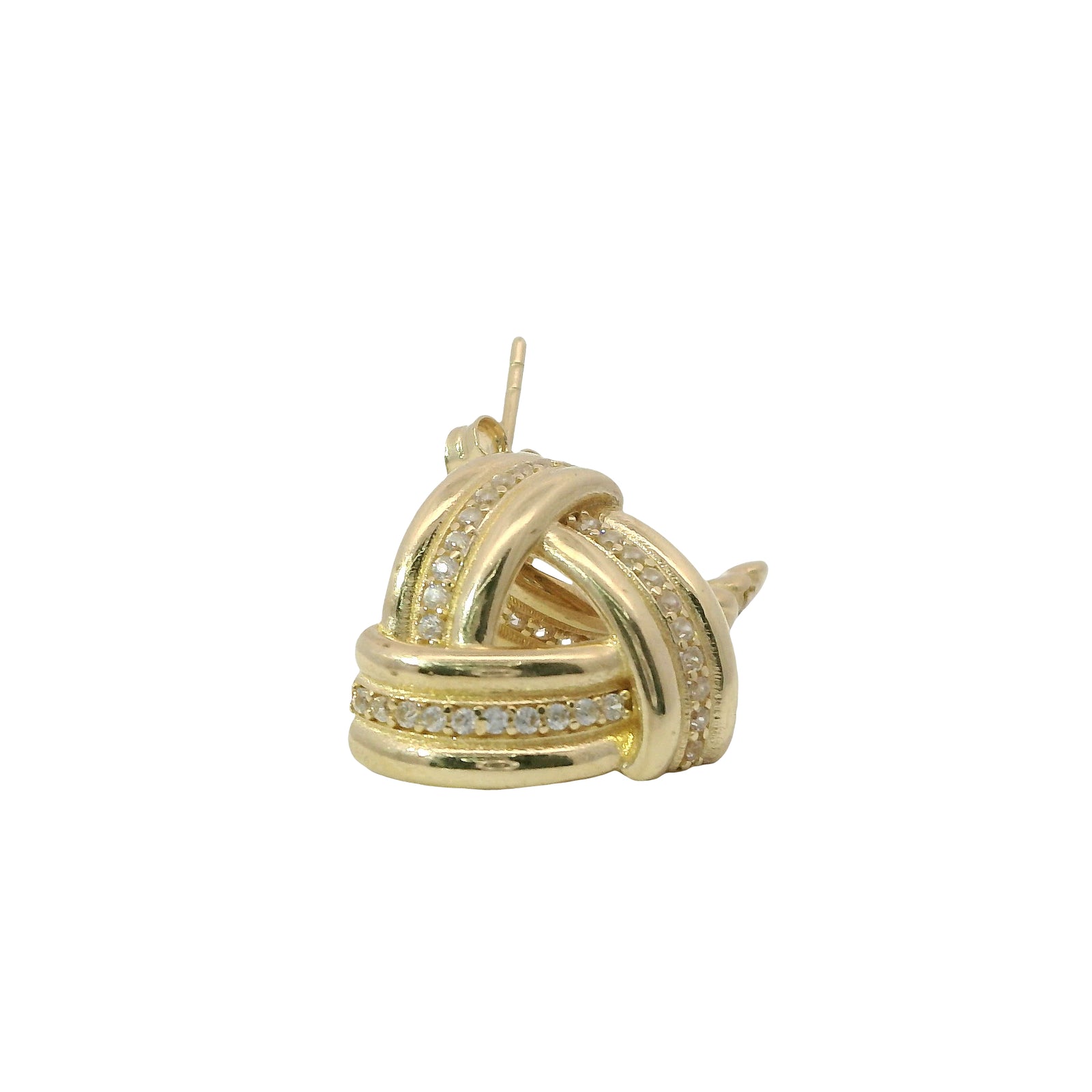 14KT Gold Earrings Medium White CZ Stones Ribbed Three Strand Triangle Knot with Push Back Post and Butterfly Backs