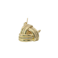 14KT Gold Earrings Medium White CZ Stones Ribbed Three Strand Triangle Knot with Push Back Post and Butterfly Backs