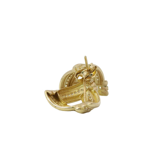 14KT Gold Earrings Medium White CZ Stones Ribbed Three Strand Triangle Knot with Push Back Post and Butterfly Backs