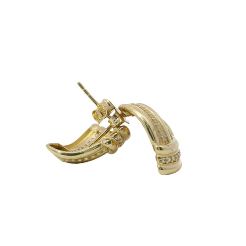 14KT Gold Earrings Medium White CZ Stones Ribbed Three Strand Triangle Knot with Push Back Post and Butterfly Backs