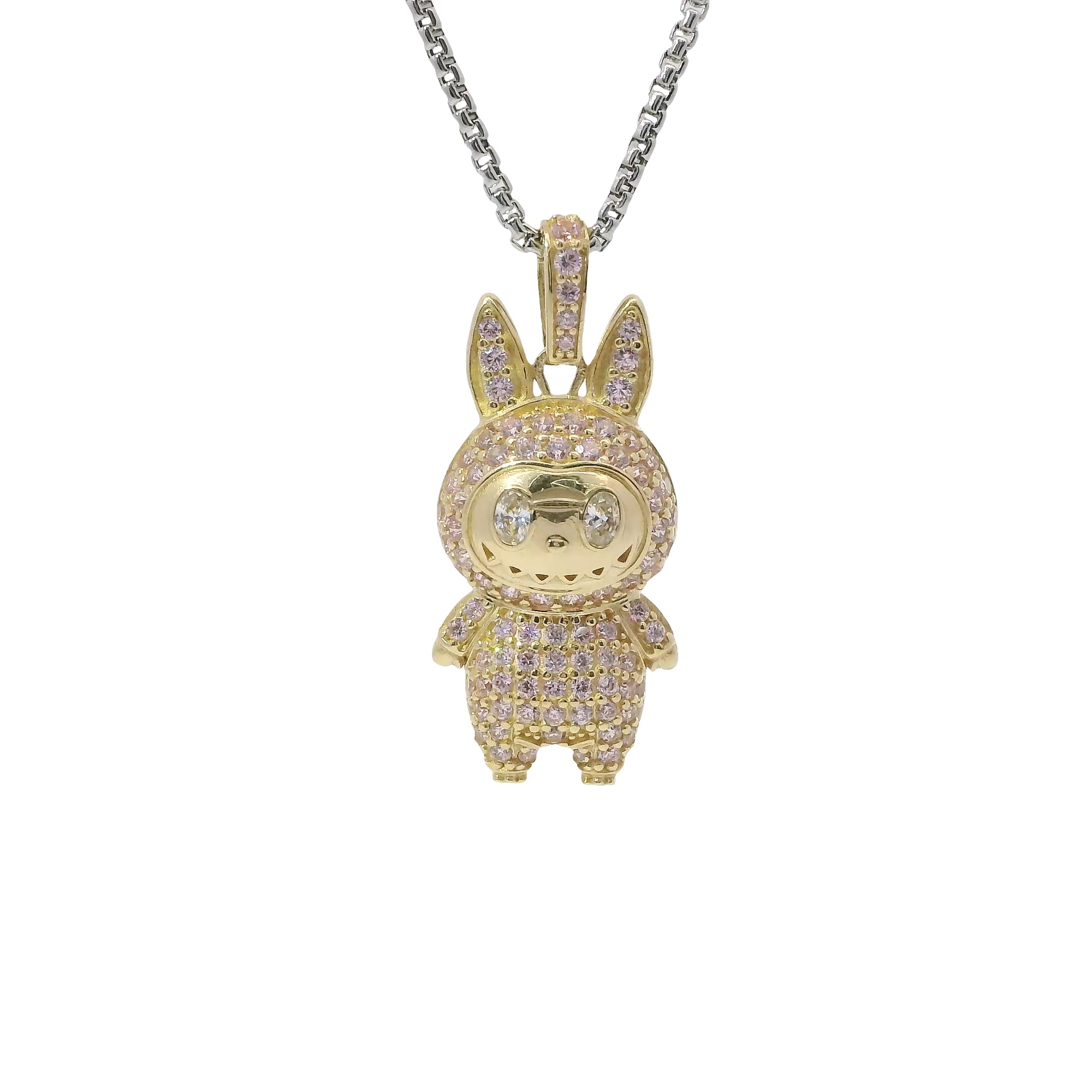 14KT Gold Charm Medium 3D Flat Back LaBuBu White Oval CZ Stones Eyes, Light Pink CZ Stones Body and Bell