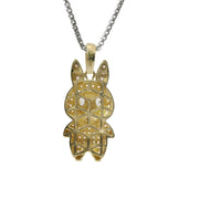 14KT Gold Charm Medium 3D Flat Back LaBuBu White Oval CZ Stones Eyes, Light Pink CZ Stones Body and Bell
