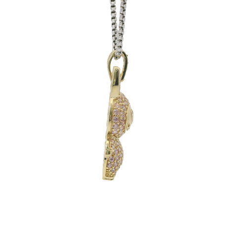 14KT Gold Charm Medium 3D Flat Back LaBuBu White Oval CZ Stones Eyes, Light Pink CZ Stones Body and Bell