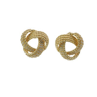14KT Gold Earrings Medium Open Center Three Strand Flattened White CZ Stones Braided Notched Cords Knot with Push Back Post and Butterfly Backs