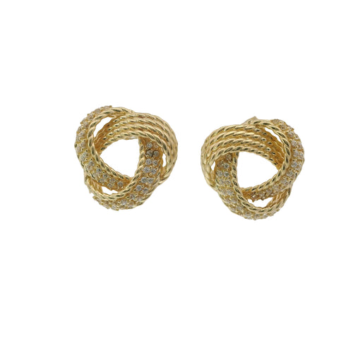 14KT Gold Earrings Medium Open Center Three Strand Flattened White CZ Stones Braided Notched Cords Knot with Push Back Post and Butterfly Backs