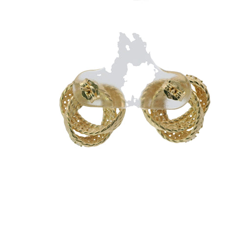 14KT Gold Earrings Medium Open Center Three Strand Flattened White CZ Stones Braided Notched Cords Knot with Push Back Post and Butterfly Backs