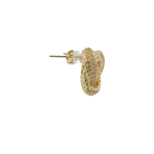 14KT Gold Earrings Medium Open Center Three Strand Flattened White CZ Stones Braided Notched Cords Knot with Push Back Post and Butterfly Backs