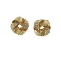 14KT Gold Earrings Medium Four Cord Strand White CZ Stones Open Flattened Square Knot with Plain Borders, Push Back Post, and Butterfly Backs