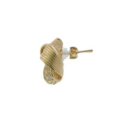 14KT Gold Earrings Medium Four Cord Strand White CZ Stones Open Flattened Square Knot with Plain Borders, Push Back Post, and Butterfly Backs