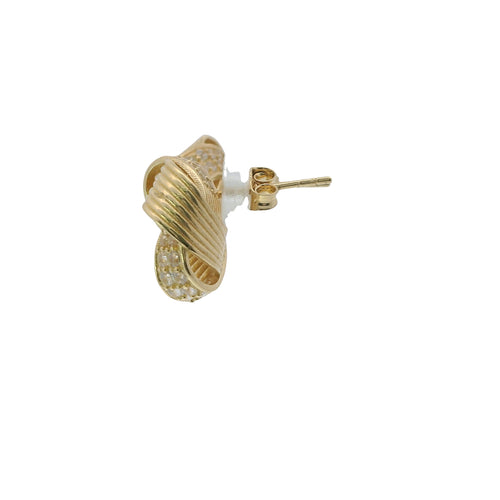 14KT Gold Earrings Medium Four Cord Strand White CZ Stones Open Flattened Square Knot with Plain Borders, Push Back Post, and Butterfly Backs
