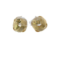14KT Gold Earrings Medium Four Cord Strand White CZ Stones Open Flattened Square Knot with Plain Borders, Push Back Post, and Butterfly Backs