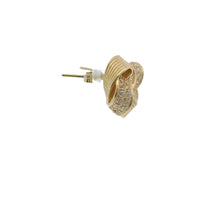 14KT Gold Earrings Medium Four Cord Strand White CZ Stones Open Flattened Square Knot with Plain Borders, Push Back Post, and Butterfly Backs