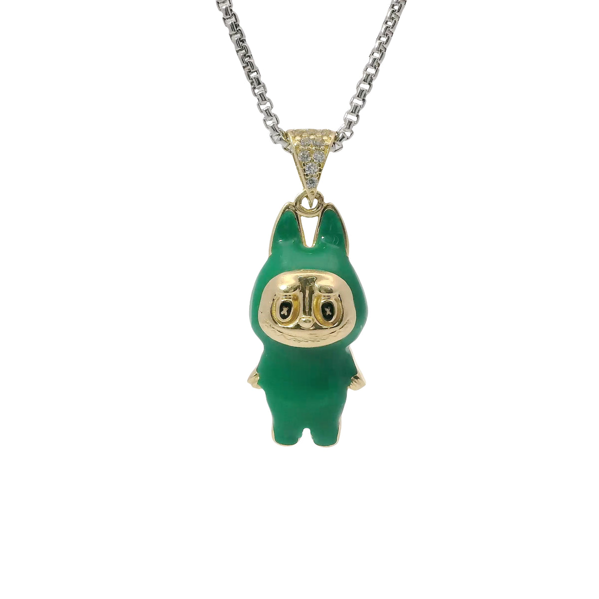 14KT Gold Charm Medium 3D Dark Green Enamel LaBuBu Body and White CZ Stones Bell