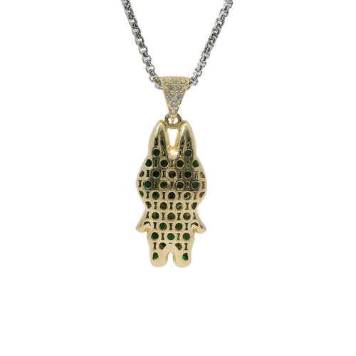 14KT Gold Charm Medium 3D Dark Green Enamel LaBuBu Body and White CZ Stones Bell