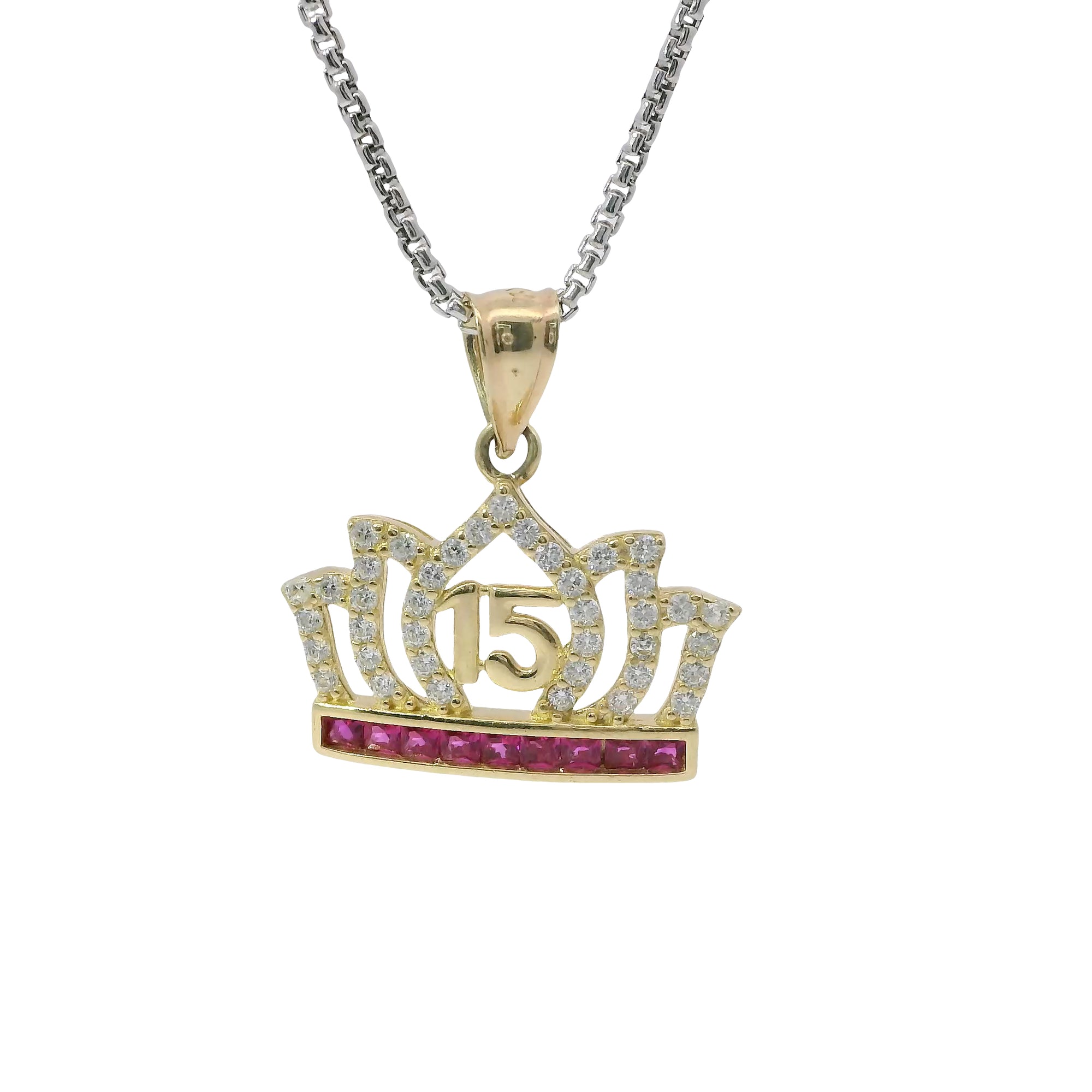 14KT Gold Charm Medium Quincenaera "15" Center White CZ Stones Flame Tiara with Dark Pink Square CZ Stones Base and Plain Bell