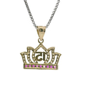 14KT Gold Charm Medium Quincenaera "15" Center White CZ Stones Flame Tiara with Dark Pink Square CZ Stones Base and Plain Bell