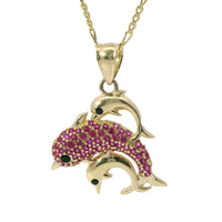 14KT Gold Charm Three Medium 3D Dolphins with Dark Pink CZ Stones Body, Black CZ Stones Eyes, and Plain Bell
