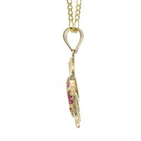 14KT Gold Charm Three Medium 3D Dolphins with Dark Pink CZ Stones Body, Black CZ Stones Eyes, and Plain Bell