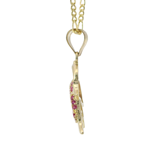 14KT Gold Charm Three Medium 3D Dolphins with Dark Pink CZ Stones Body, Black CZ Stones Eyes, and Plain Bell