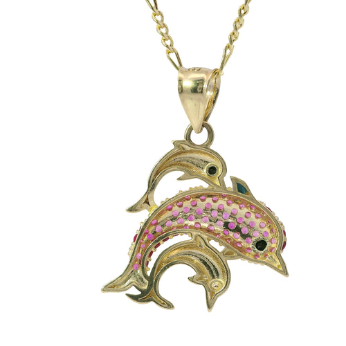 14KT Gold Charm Three Medium 3D Dolphins with Dark Pink CZ Stones Body, Black CZ Stones Eyes, and Plain Bell