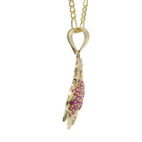 14KT Gold Charm Three Medium 3D Dolphins with Dark Pink CZ Stones Body, Black CZ Stones Eyes, and Plain Bell