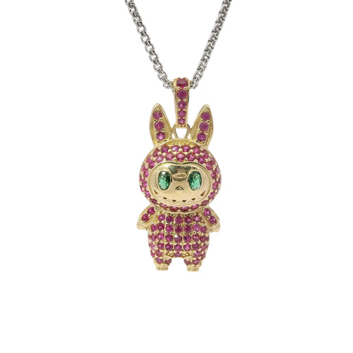 14KT Gold Charm Medium 3D Flat Back LaBuBu Dark Green Oval CZ Stones Eyes, Dark Pink CZ Stones Body and Bell