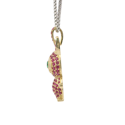 14KT Gold Charm Medium 3D Flat Back LaBuBu Dark Green Oval CZ Stones Eyes, Dark Pink CZ Stones Body and Bell