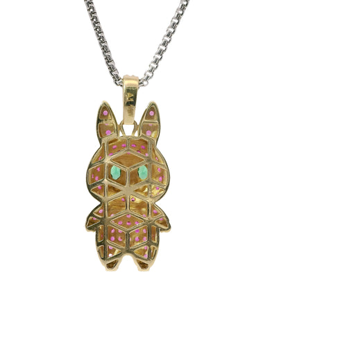 14KT Gold Charm Medium 3D Flat Back LaBuBu Dark Green Oval CZ Stones Eyes, Dark Pink CZ Stones Body and Bell