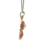 14KT Gold Charm Medium 3D Flat Back LaBuBu Dark Green Oval CZ Stones Eyes, Dark Pink CZ Stones Body and Bell