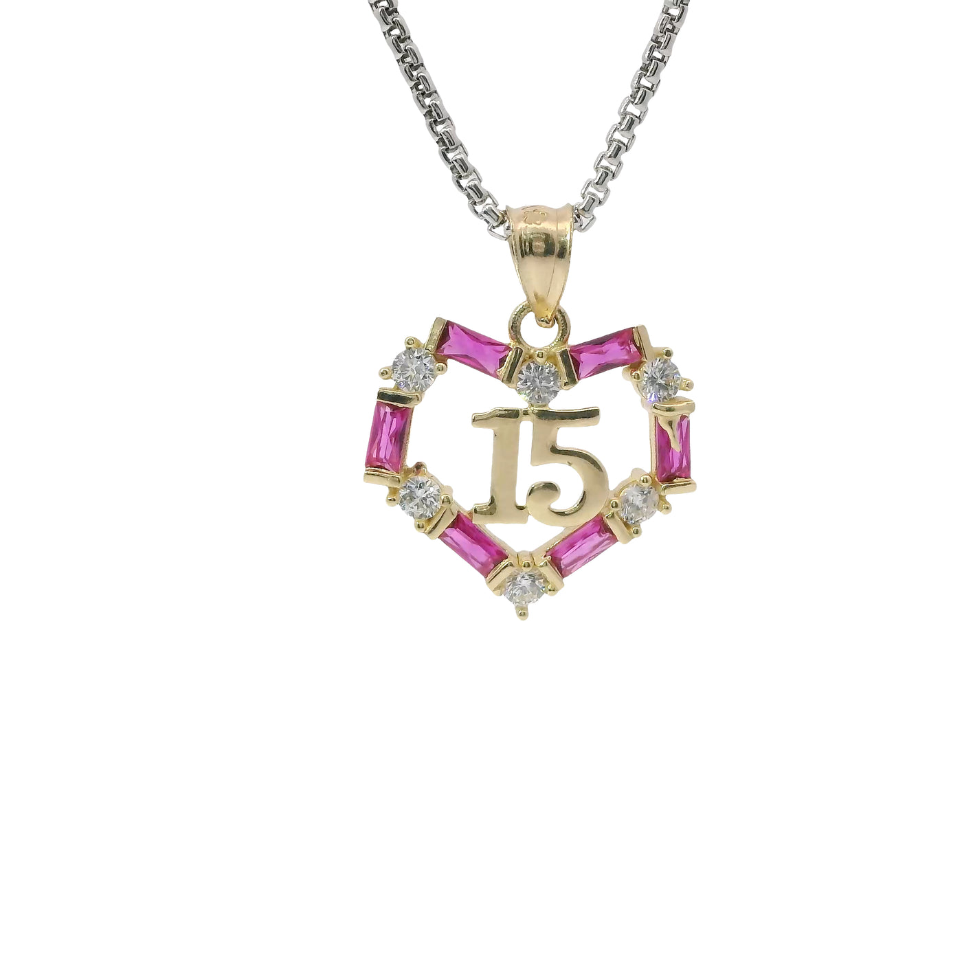 14KT Gold Charm Medium Quinceanera Open Heart with Dark Pink Baguette and White Round CZ Stones Outline with Plain Bell