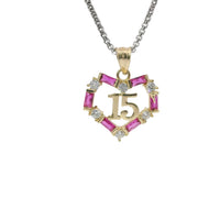 14KT Gold Charm Medium Quinceanera Open Heart with Dark Pink Baguette and White Round CZ Stones Outline with Plain Bell