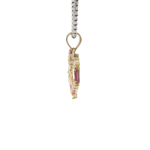 14KT Gold Charm Medium Quinceanera Open Heart with Dark Pink Baguette and White Round CZ Stones Outline with Plain Bell