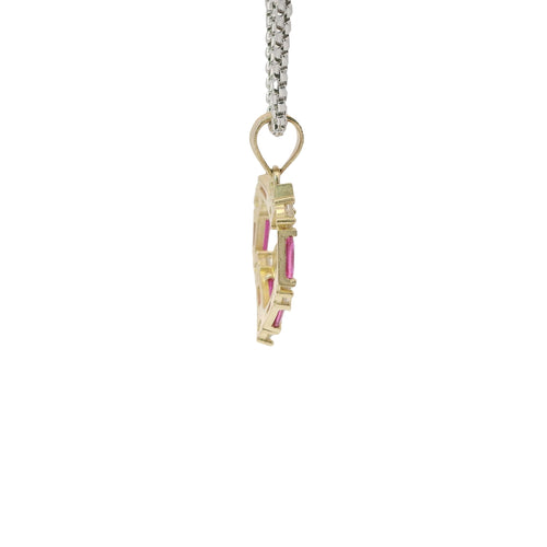 14KT Gold Charm Medium Quinceanera Open Heart with Dark Pink Baguette and White Round CZ Stones Outline with Plain Bell