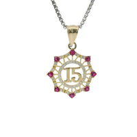 14KT Gold Charm Medium Quinceanera "15" Open Webbed Wreath with Dark Pink and White Round CZ Stones Border with Plain Bell