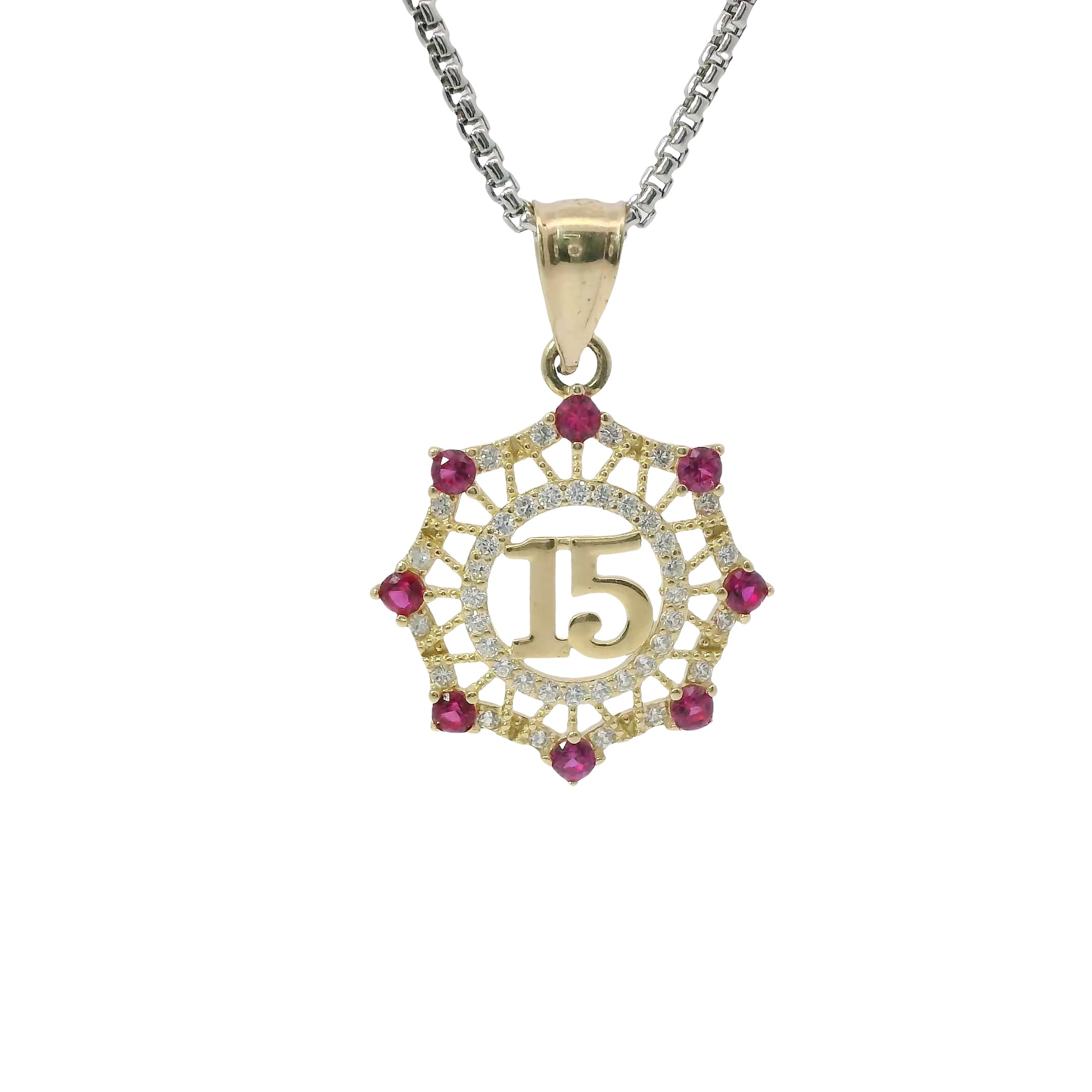 14KT Gold Charm Medium Quinceanera "15" Open Webbed Wreath with Dark Pink and White Round CZ Stones Border with Plain Bell