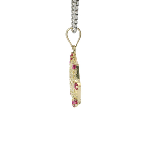 14KT Gold Charm Medium Quinceanera "15" Open Webbed Wreath with Dark Pink and White Round CZ Stones Border with Plain Bell