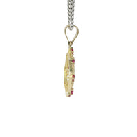 14KT Gold Charm Medium Quinceanera "15" Open Webbed Wreath with Dark Pink and White Round CZ Stones Border with Plain Bell